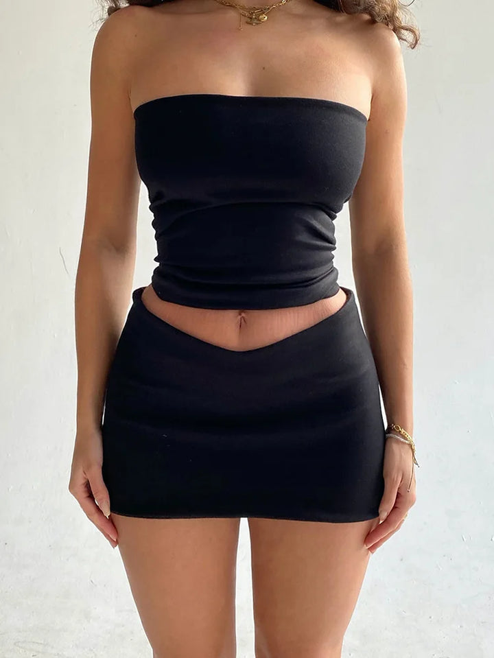 Solid Sleeveless Folds Tube Crop Top Skirts 2 Piece Matching Set Summer Fashion Streetwear Beach Clothing Drop Shipping