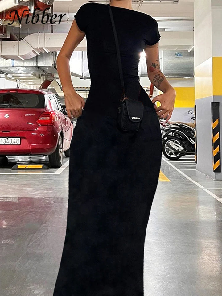 Solid Sexy Backless Maxi Dress Women Elegant Elastic Slim Short Sleeve Long Dresses Female Bodycon Streetwear Clothing