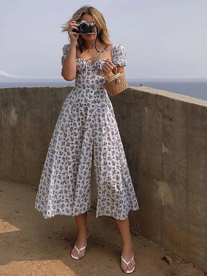 Dress Summer Fashion White Elegant Ladies Backless Clothes Puff Sleeve Floral Print Slit Long Dresses for Women New Arrival 2023