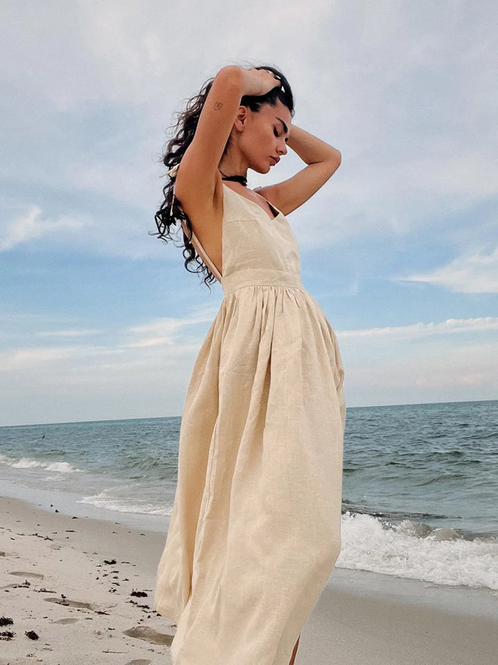 Spring Summer Beach Style Women Dress Vintage Loose A-Line Sling Dress Sexy Hot Girl 100% Cotton V-Neck Dress