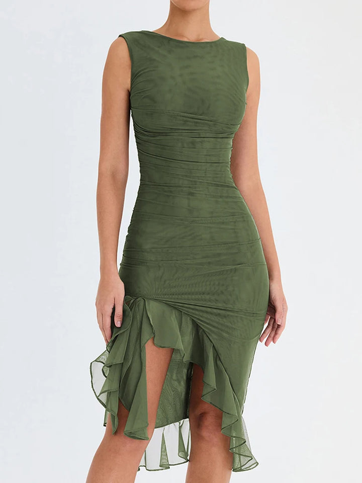 Elegant Ruffle Ruched Midi Dress 