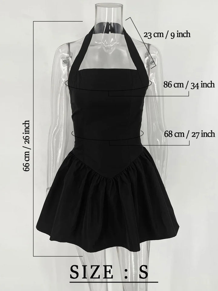 Frill Mini Halter Dress for Women Splice Sexy Backless A-Line Hem Lace up High Waisted Female Beach Black Bodycon Dress