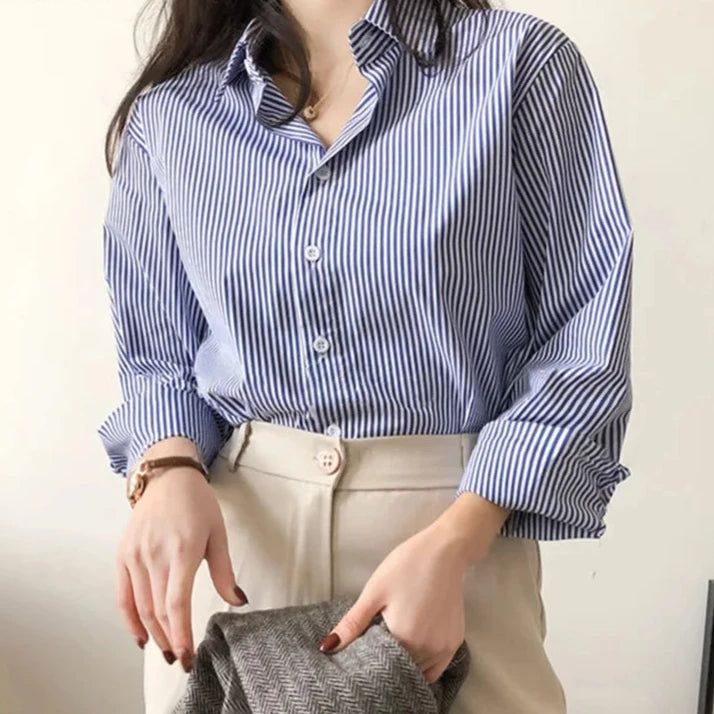 Classic Striped Lantern Sleeve Blouse