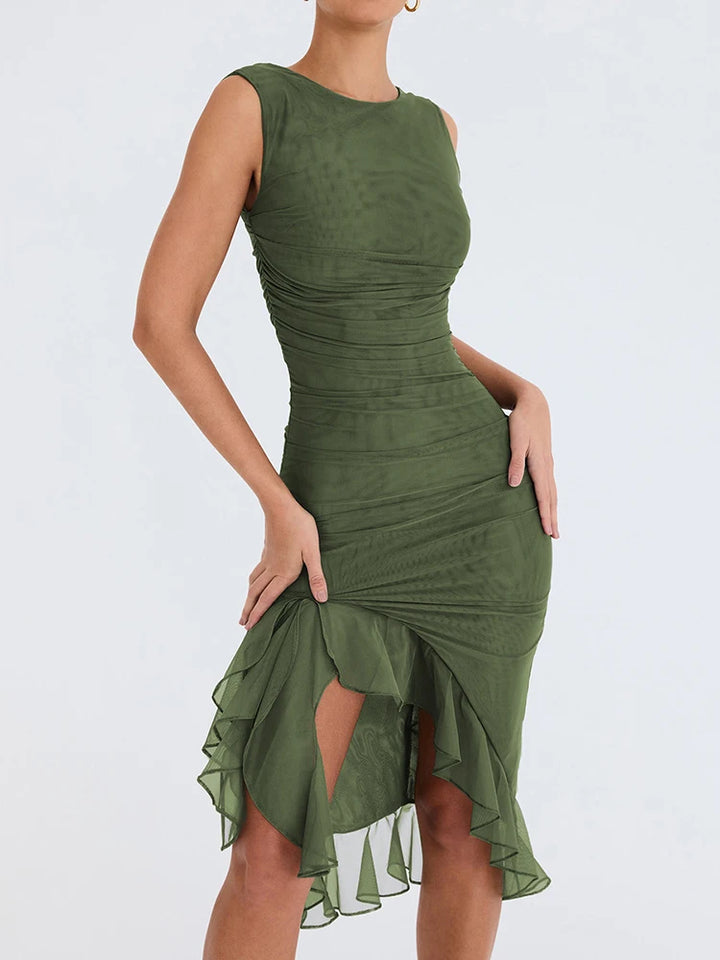 Elegant Ruffle Ruched Midi Dress 